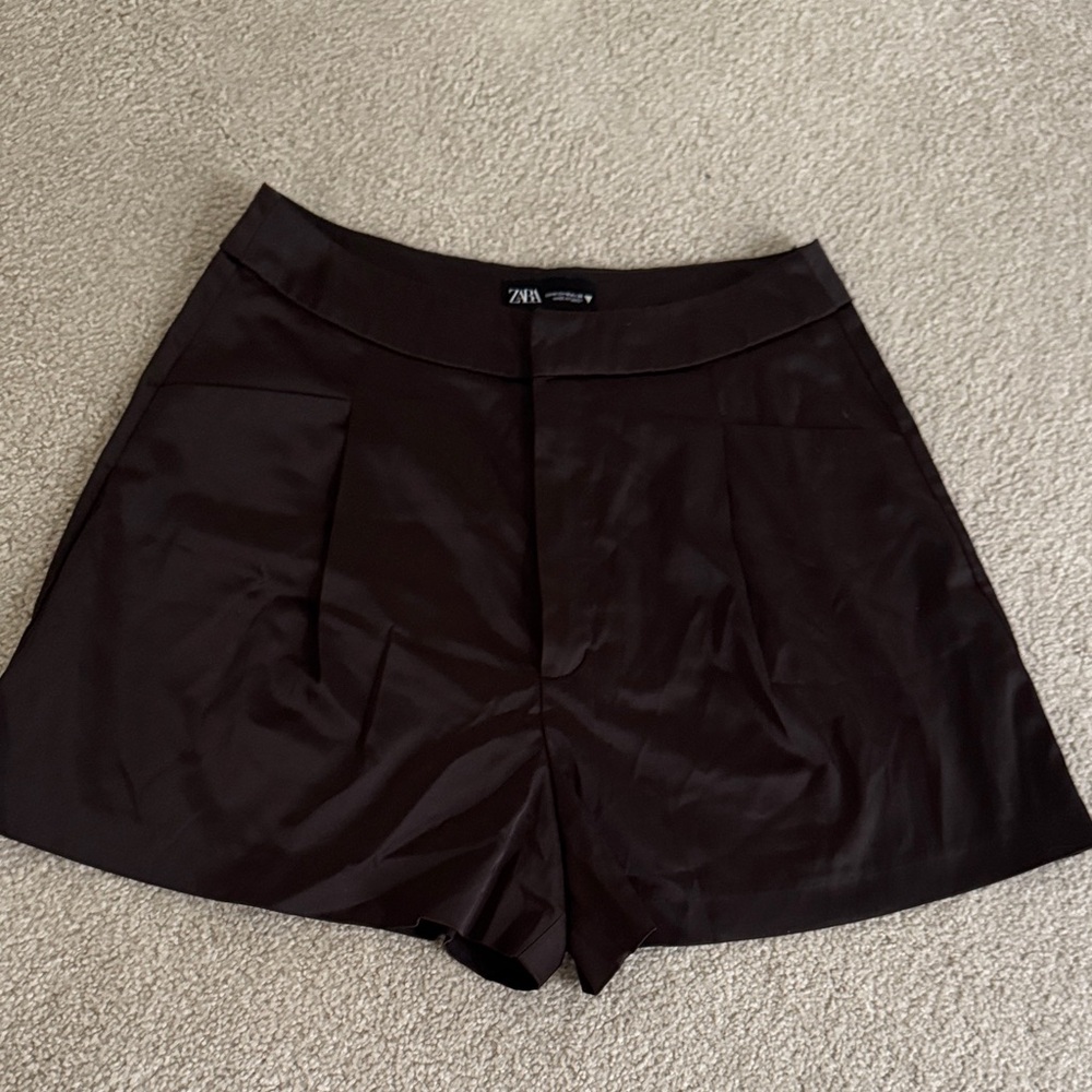 Zara Satin Brown High-Rise Tailored Shorts